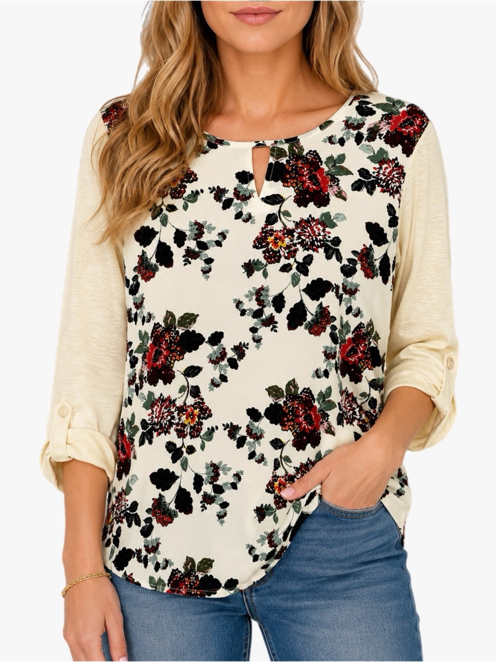 Van Heusen Women’s Medium Floral Blouse Ivory Red 3/4 Roll Tab Sleeve Top